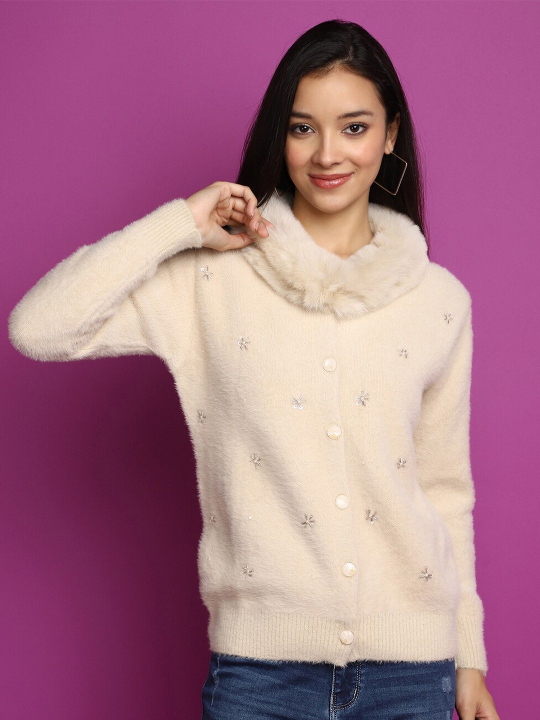 

V-Mart Embellished V-Neck Cardigan Cotton Sweater, Beige