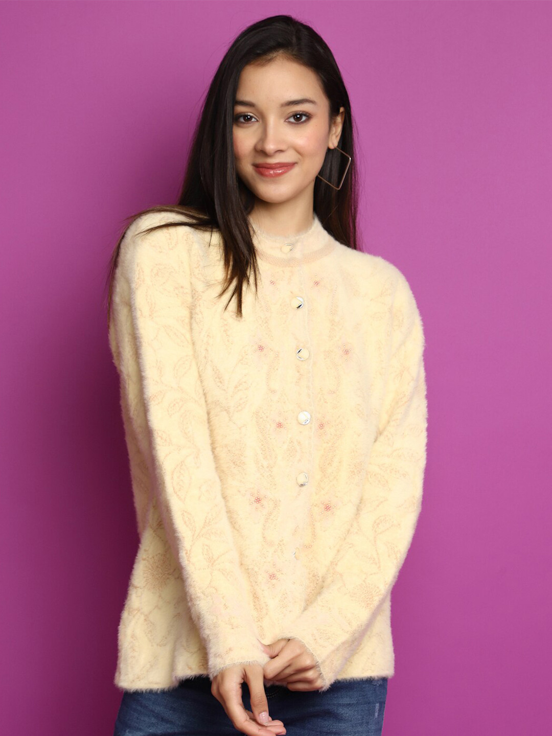 

V-Mart Floral Self Design Cotton Cardigan Sweater, Beige