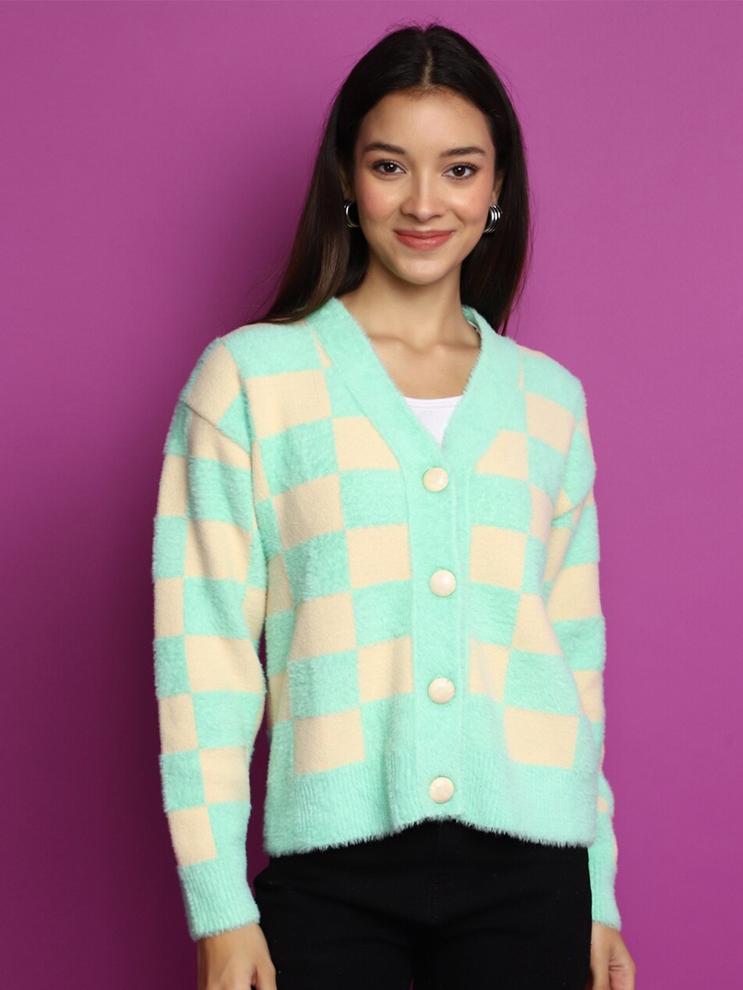 

V-Mart Self Design Long Sleeves Cotton Cardigan, Green
