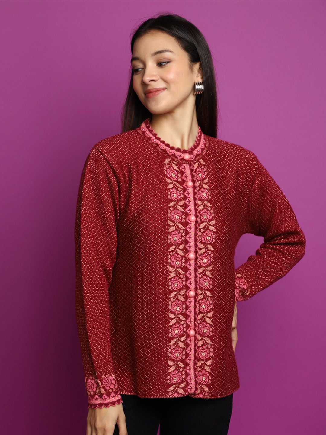 

V-Mart Floral Self Design Beaded Cotton Cardigan Sweater, Maroon