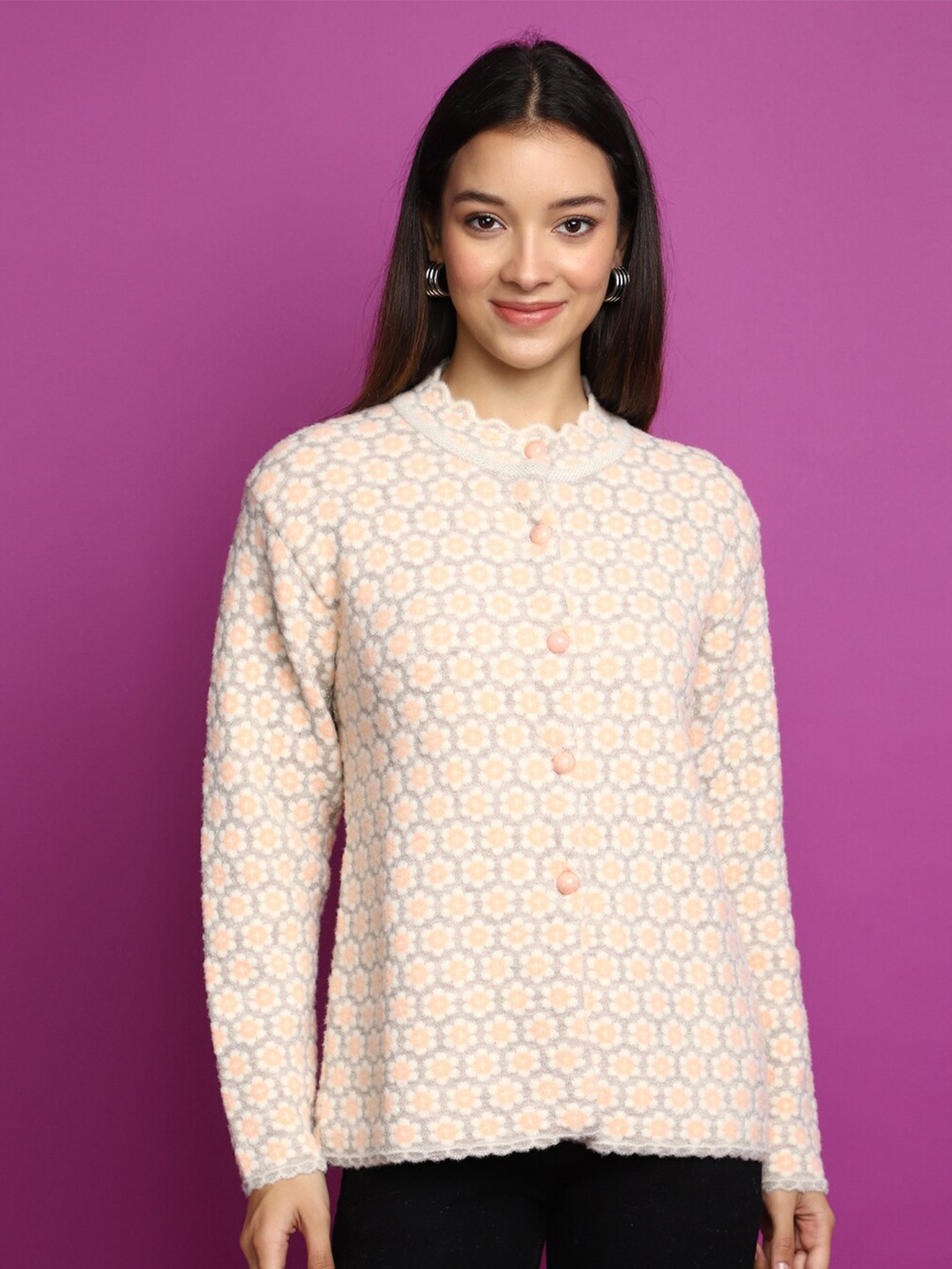 

V-Mart Floral Self Design Cotton Cardigan, Grey