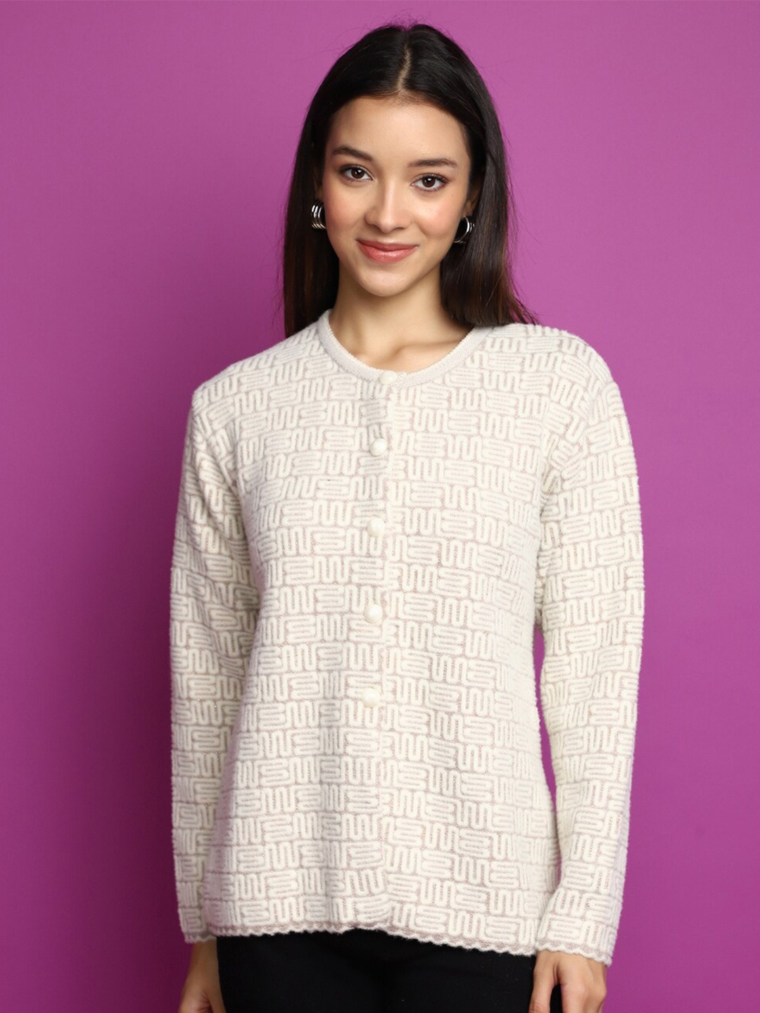 

V-Mart Geometric Self Design Cotton Cardigan Sweater, Cream