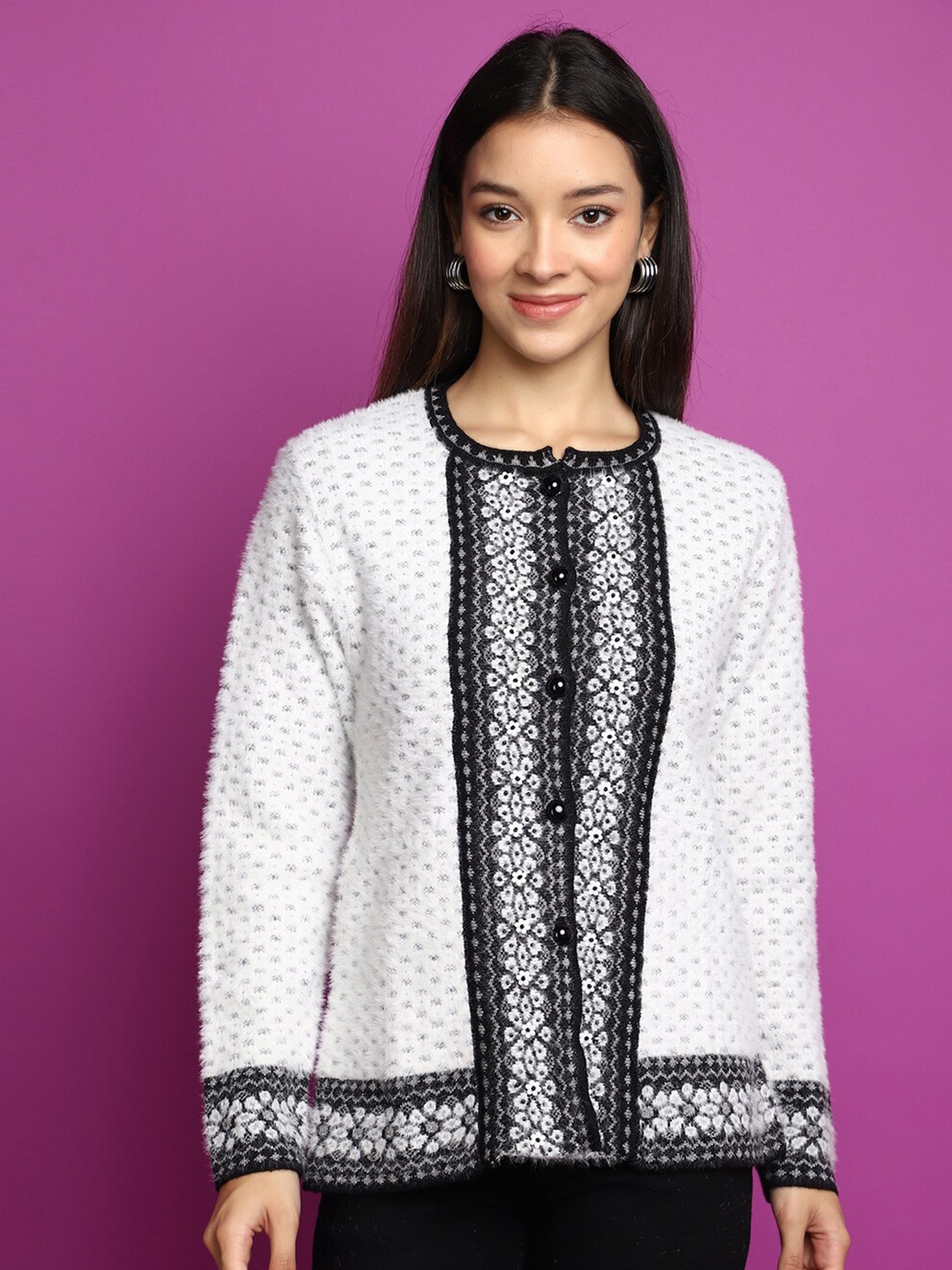 

V-Mart Floral Self Design Cotton Cardigan Sweater, White