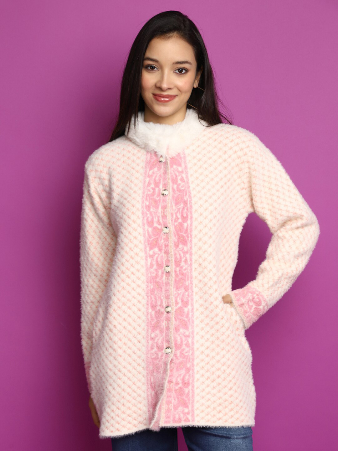 

V-Mart Self Design Cotton Sweater, Pink