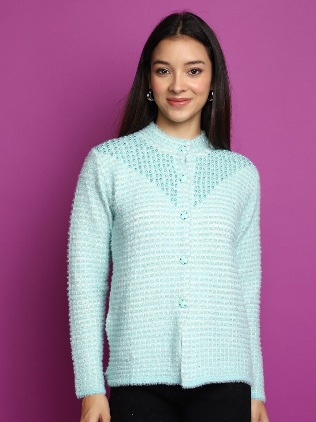 

V-Mart Geometric Self Design Embellished High Neck Cotton Cardigan Sweater, Blue