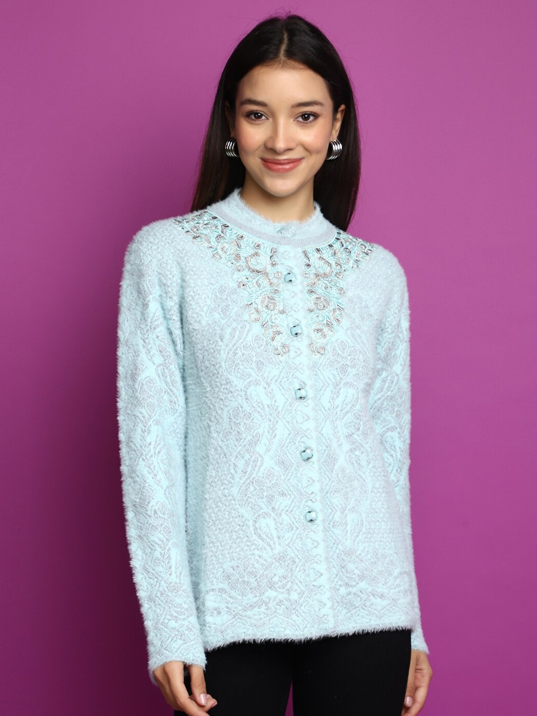 

V-Mart Ethnic Motifs Self Design Embroidered Cotton Cardigan Sweater, Blue