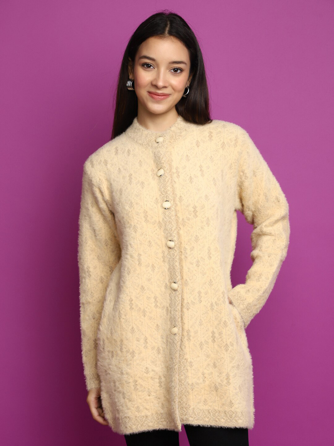 

V-Mart Ethnic Motifs Self Design Cotton Cardigan, Beige
