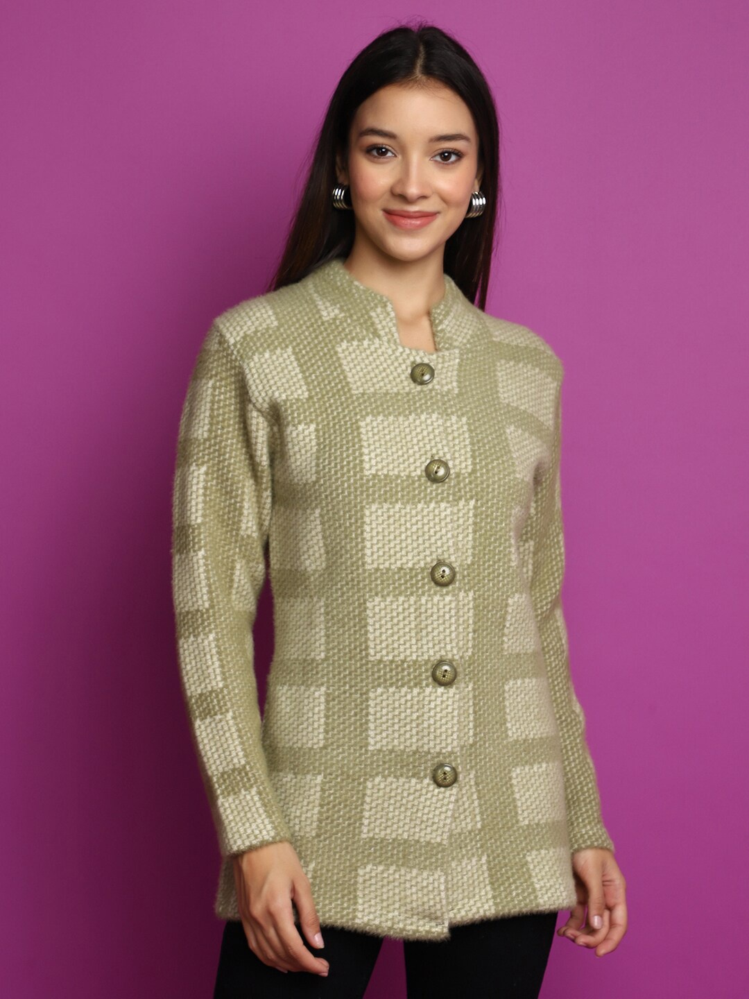 

V-Mart Geometric Self Design Cotton Cardigan, Green