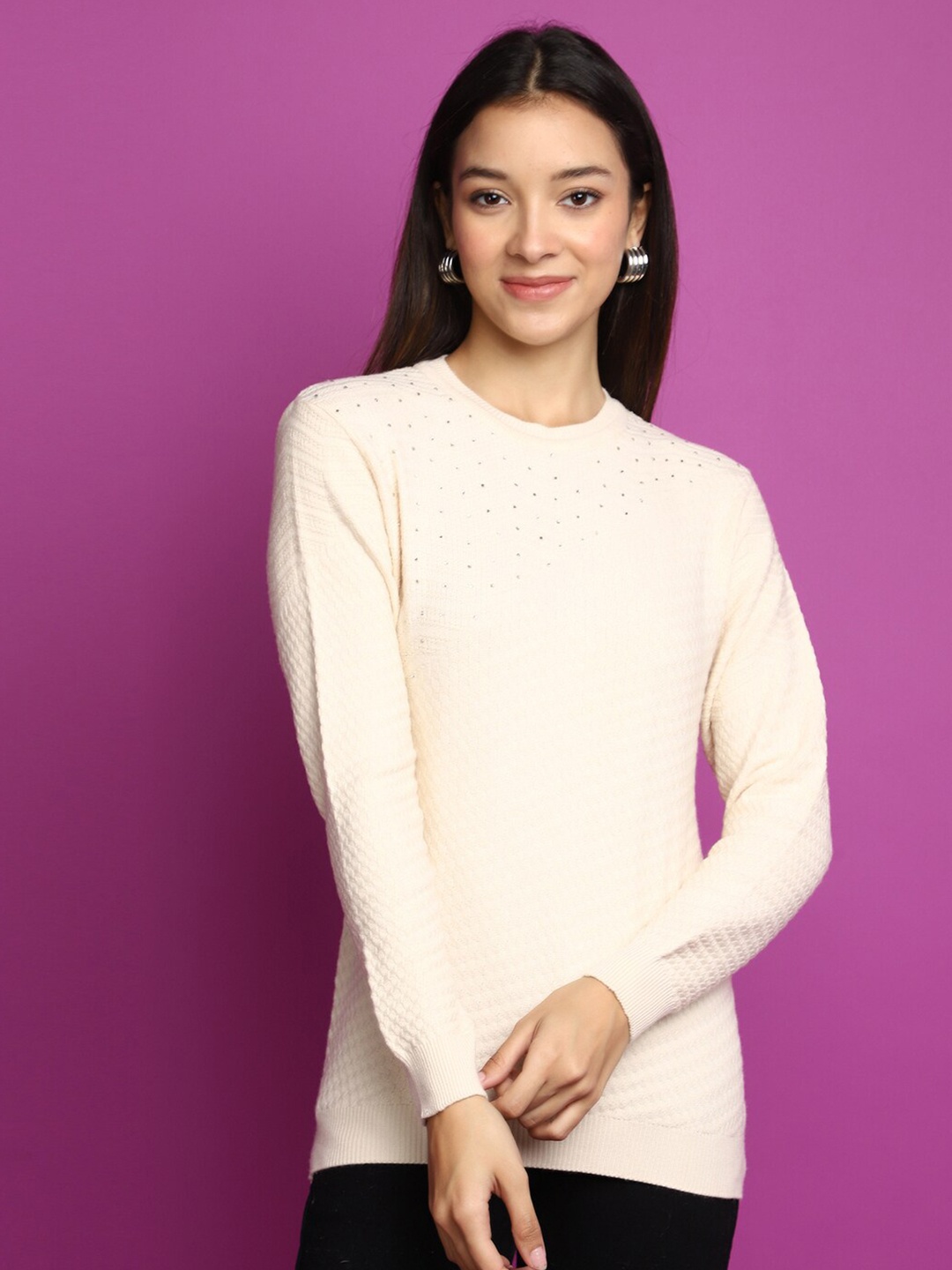 

V-Mart Self Design Embellished Cotton Sweatshirt, Beige