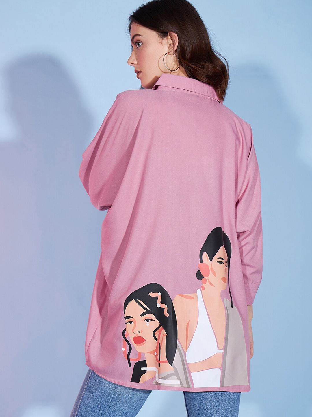 

DressBerry Graphic Printed Oversized Longline Casual Shirt, Pink