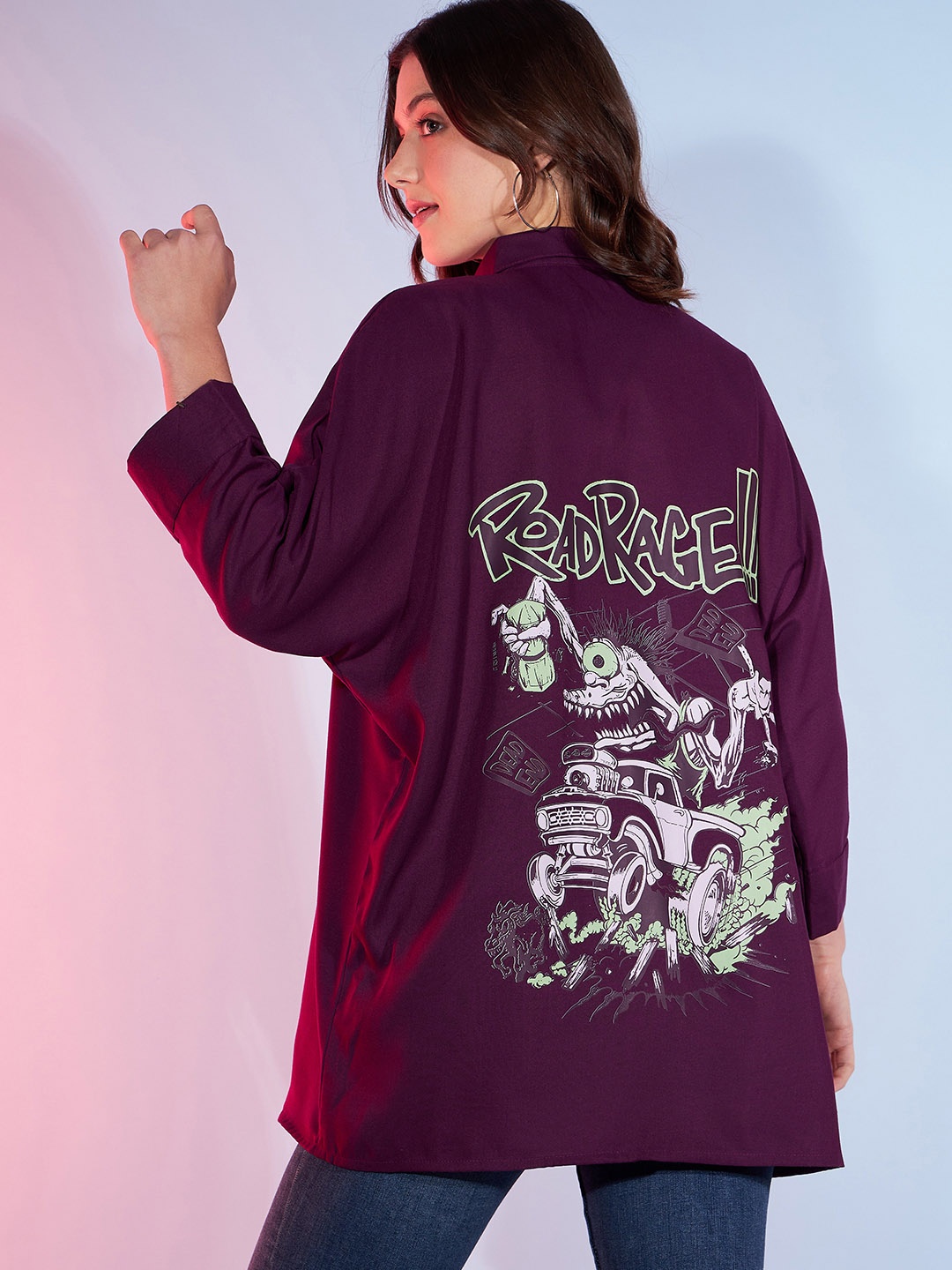 DressBerry Graphic Printed Oversized Longline Casual Shirt, Purple