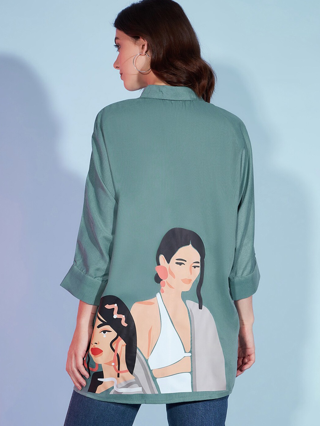 

DressBerry Graphic Printed Oversized Longline Casual Shirt, Green