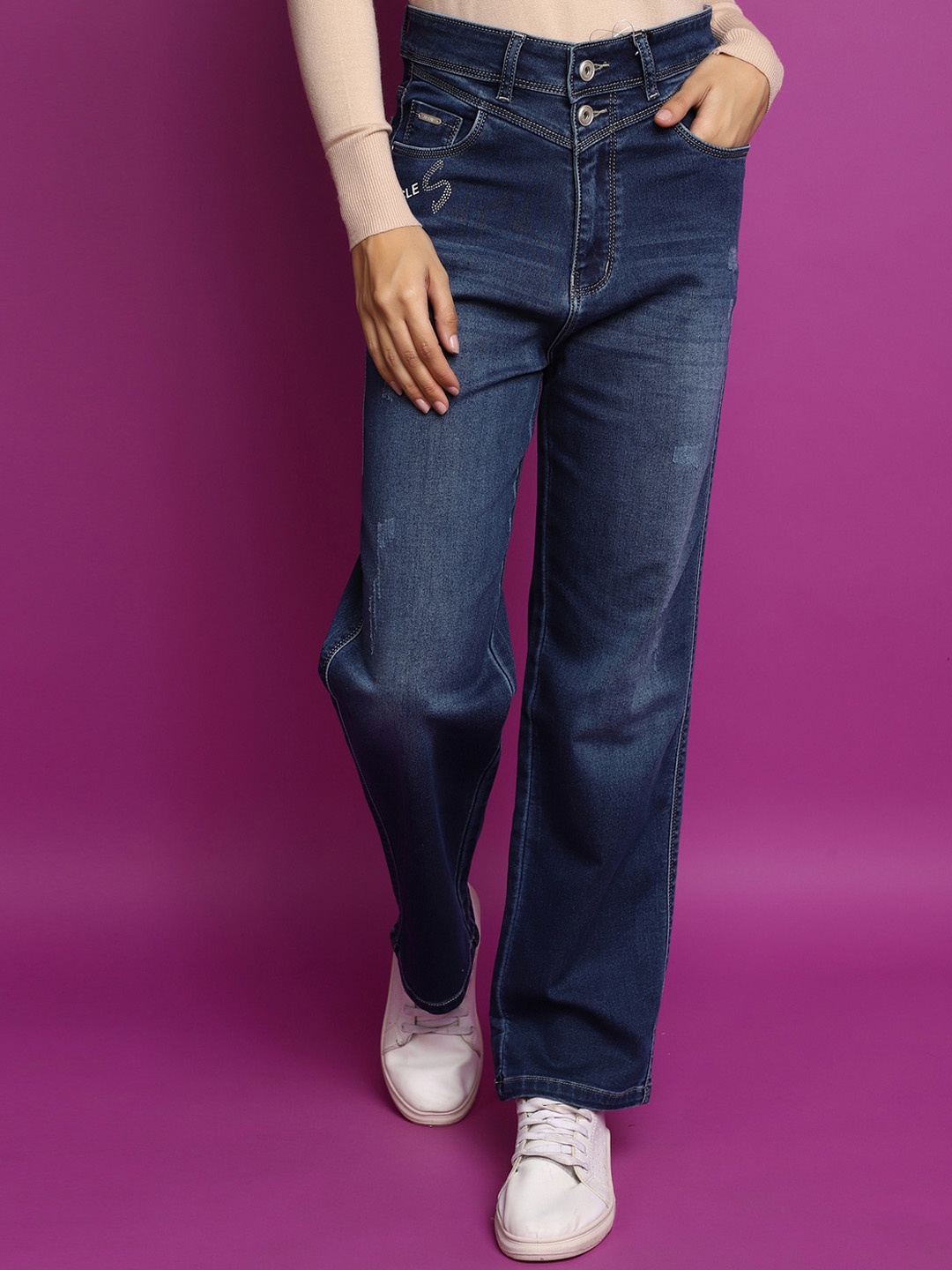 

V-Mart Women Light Fade Low Distress Cotton Jeans, Blue