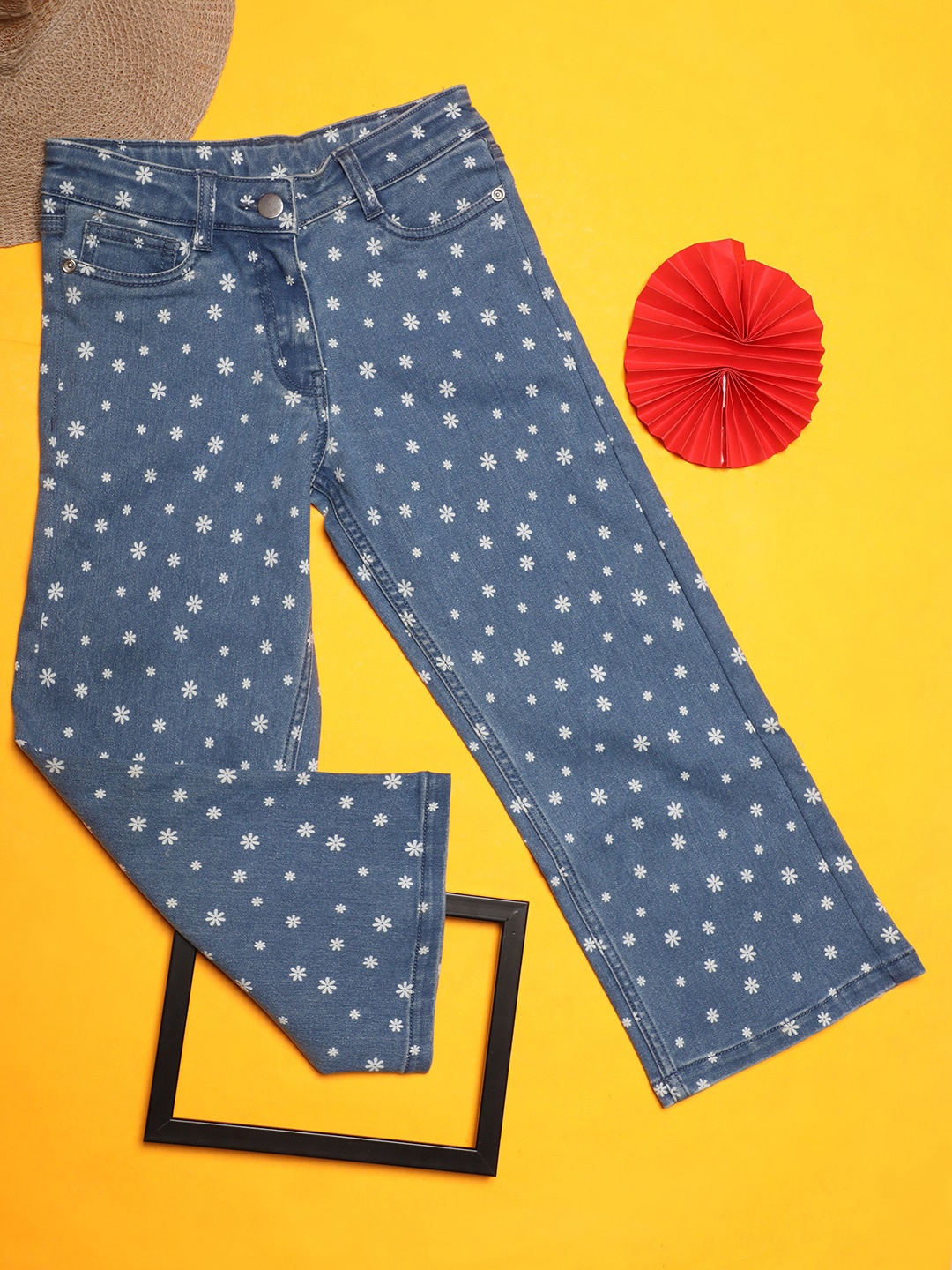 

V-Mart Girls Floral Printed High-Rise Denim Jeans, Blue