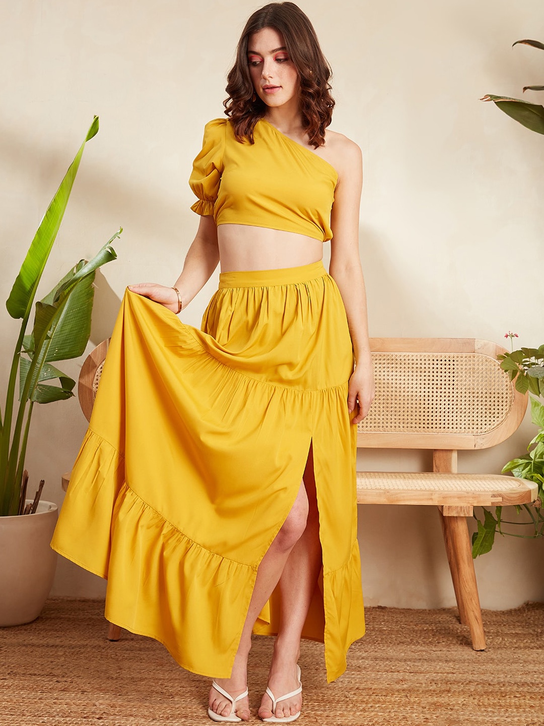 

Berrylush One Shoulder Cropped Top With Maxi Skirt, Yellow