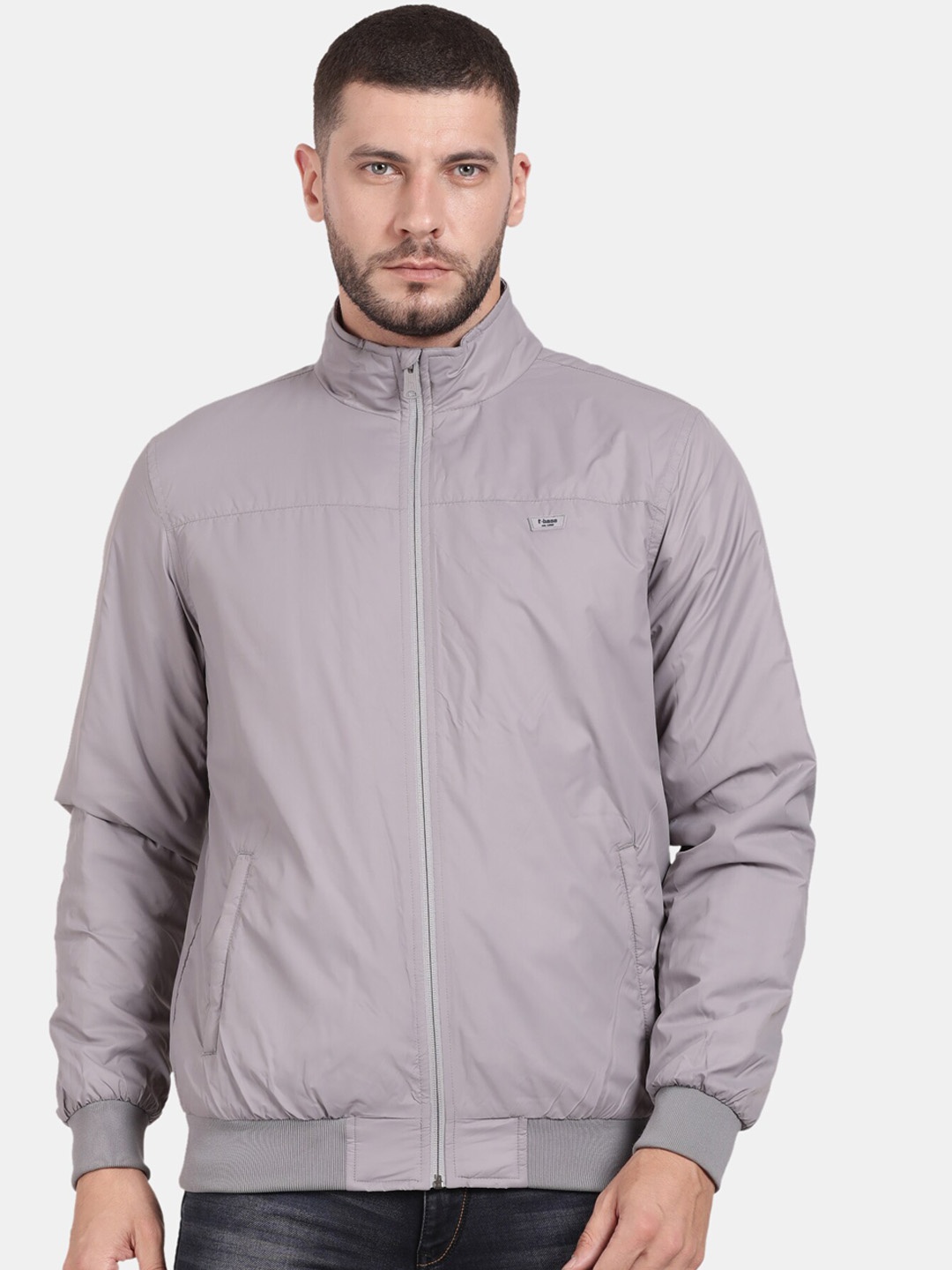 

t-base Mock Collar Long Sleeves Windcheater Bomber Jacket, Grey