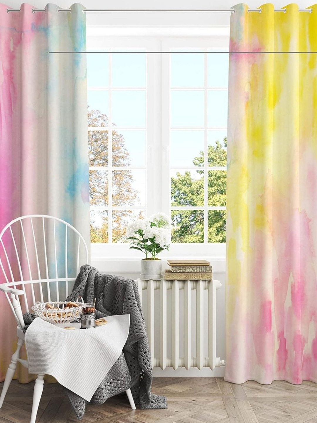 

THEYAYACAFE Pink & Yellow 2 Pieces Printed Velvet Black Out Long Door Curtains, White