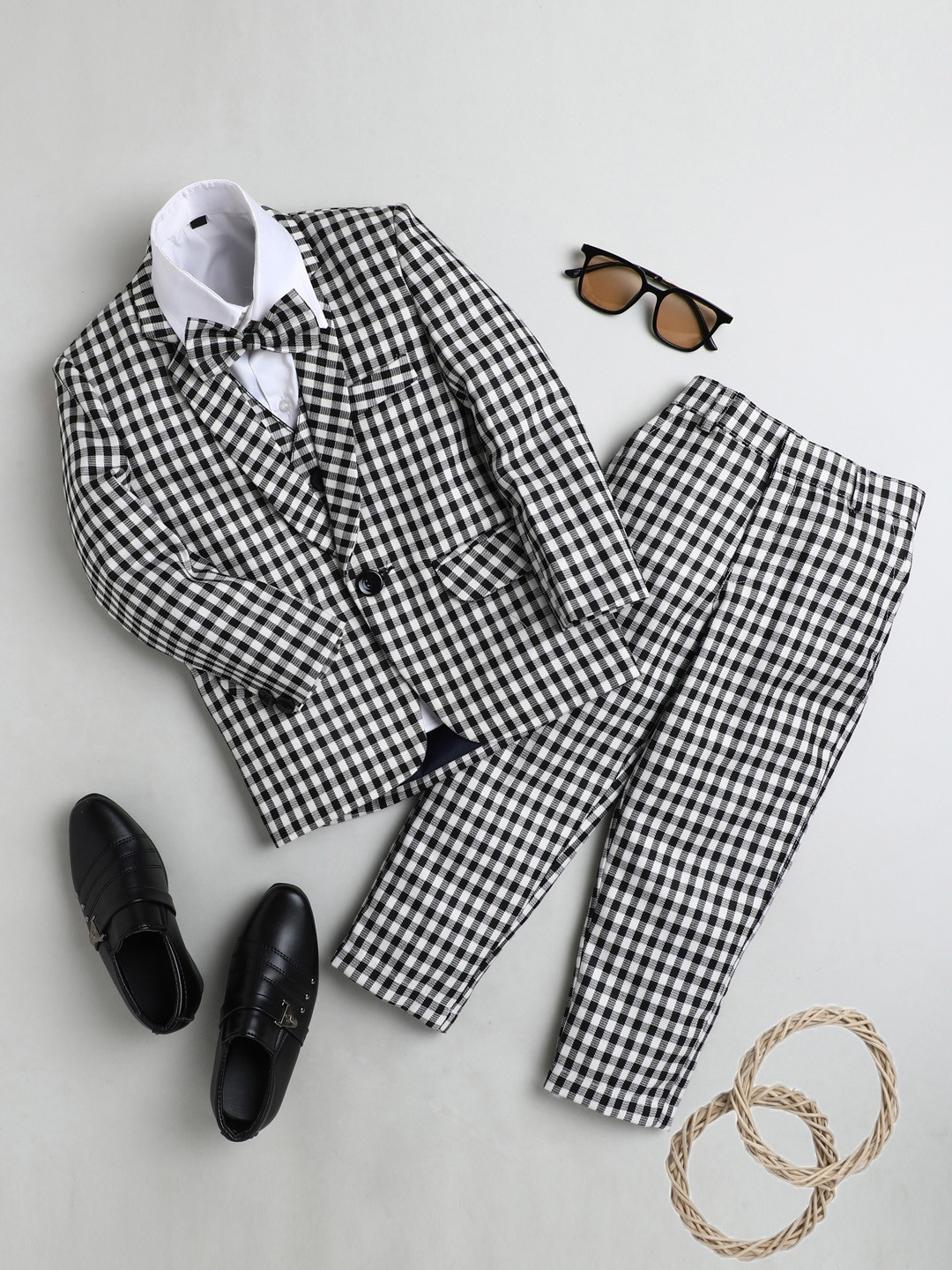 

BAESD Boys Checked Single-Breasted Cotton Silk Four-Piece Party Suit, Black