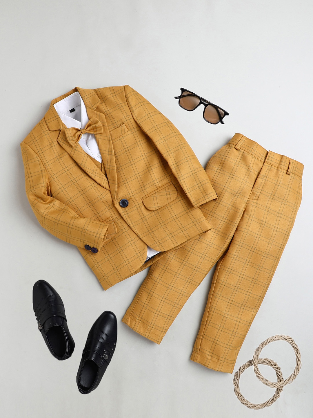 

BAESD Boys Checked Notched Lapel Cotton Silk Four-Piece Party Suit, Mustard