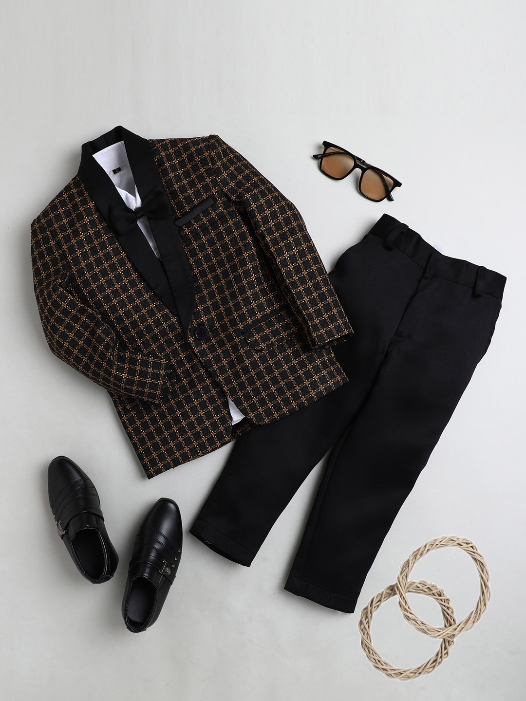 

BAESD Boys Checked Shawl Collar 5-Pieces Suits, Gold