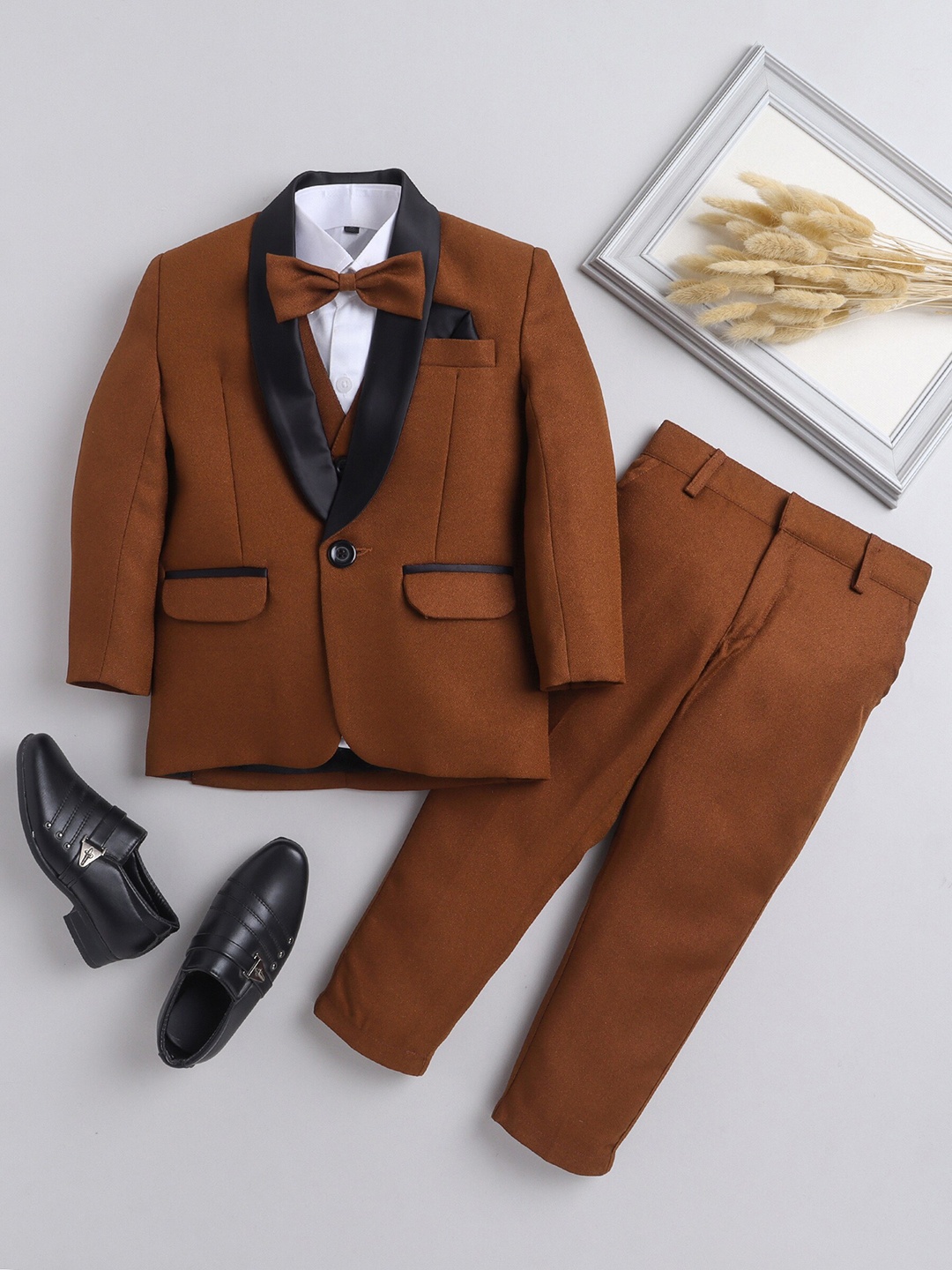 

BAESD Boys Single-Breasted Silk Cotton 5-Piece Party Suit, Brown