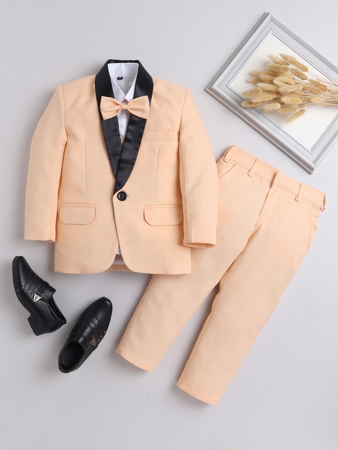 

BAESD Boys Shawl Collar Silk Cotton 5-Piece Suit, Peach