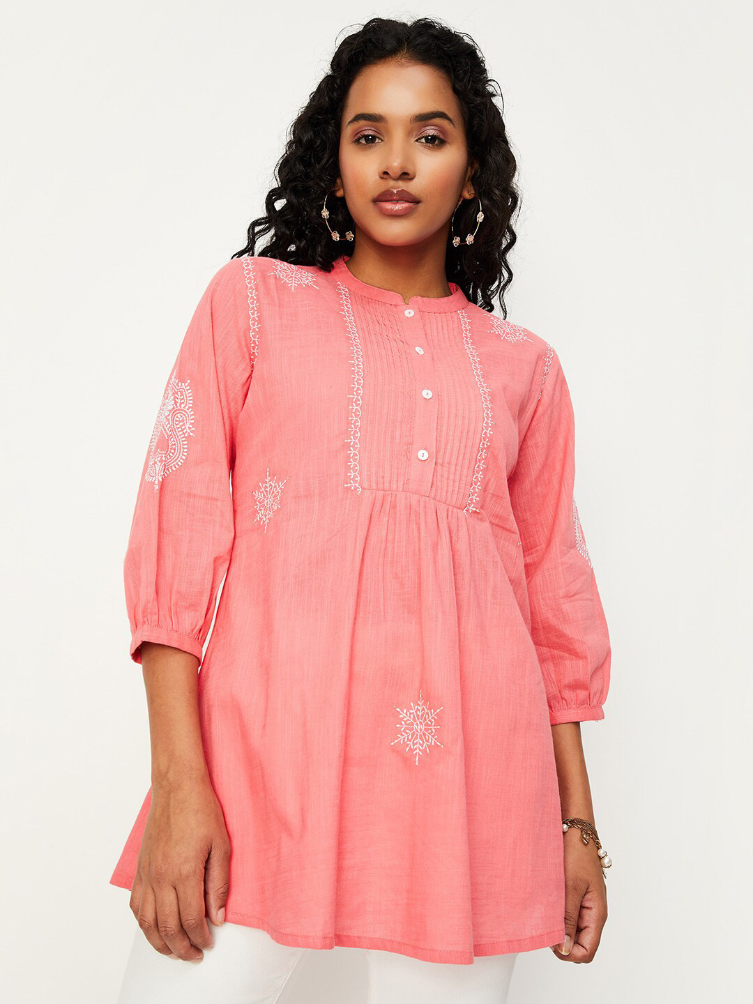 

max Ethnic Motifs Embroidered Gathers Cotton Tunic, Pink