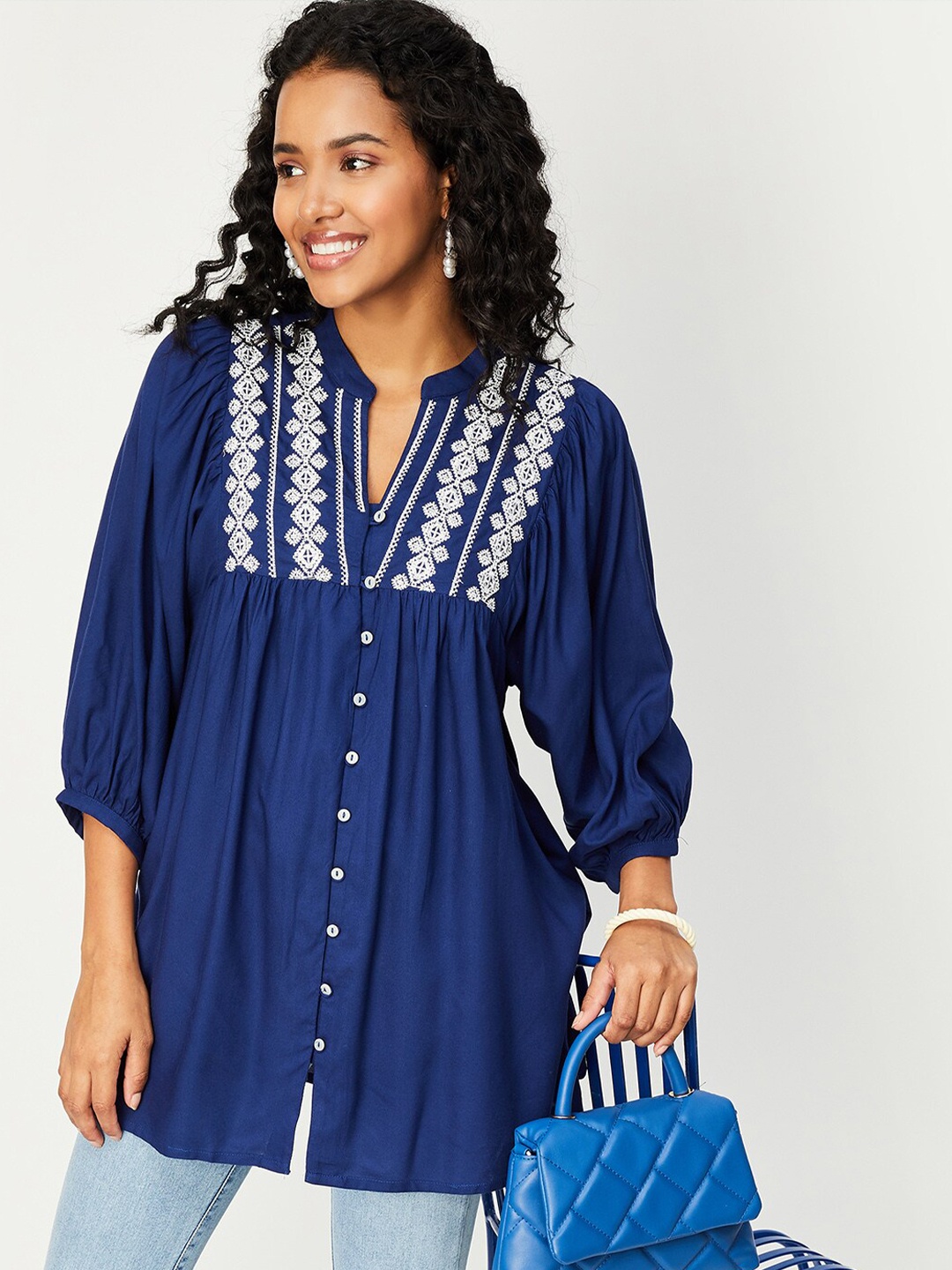 

max Floral Embroidered Gathers Mandarin Collar Tunic, Navy blue