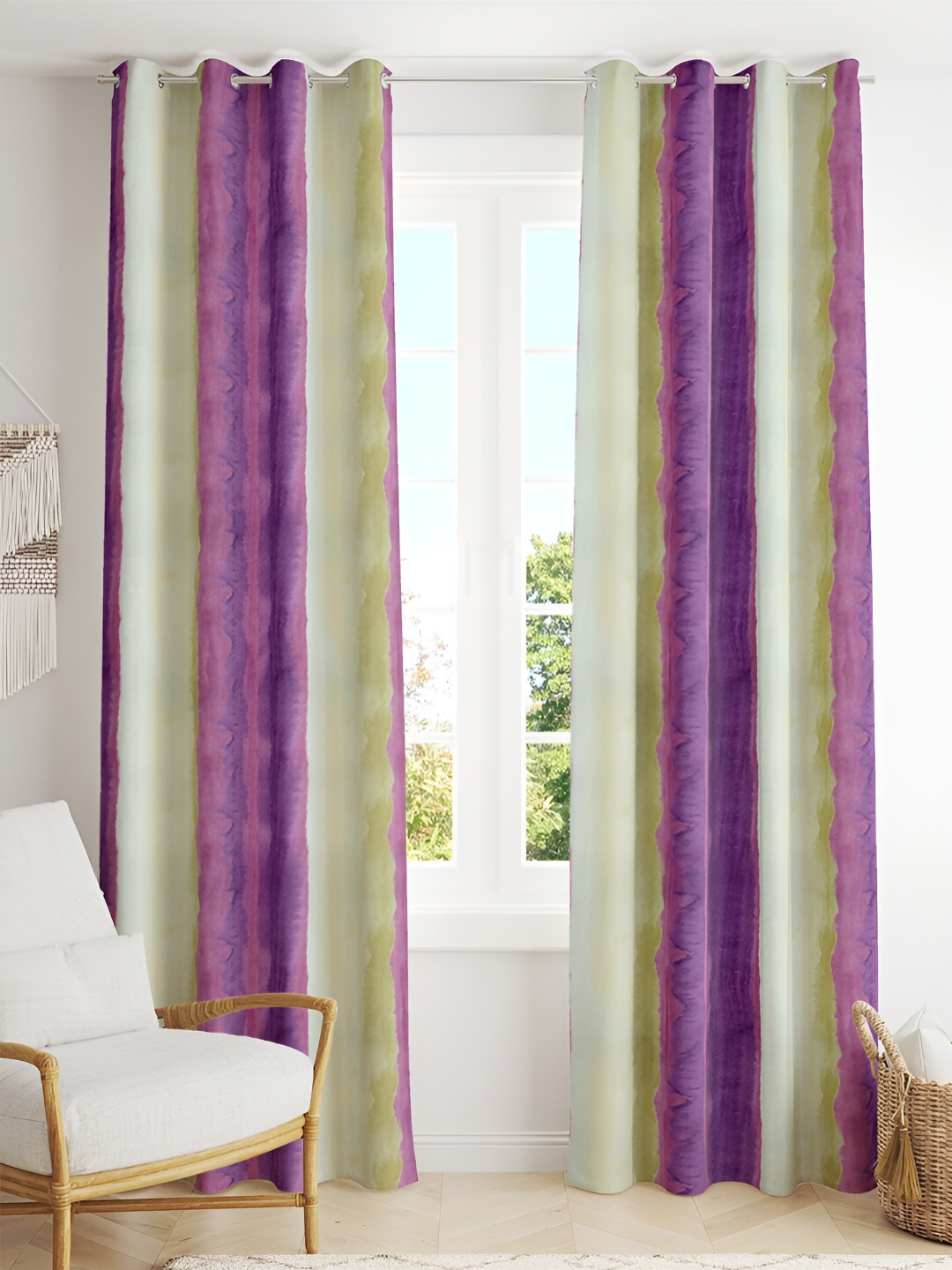 

Tesmare HD Cream & Purple Striped Satin Long Door curtain