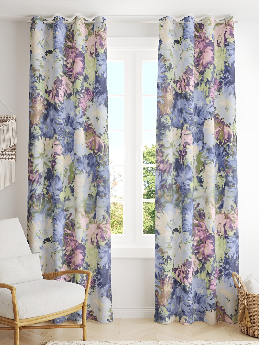 

Tesmare Blue and Green Floral Printed Satin Long Door Curtain