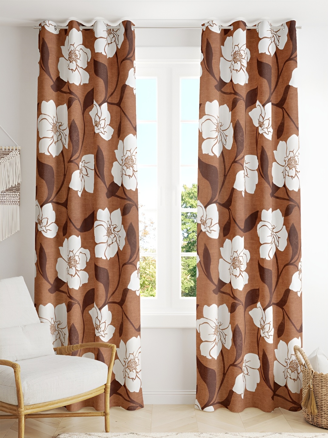 

Tesmare Brown & Off White Floral Printed Satin Long Door Curtain