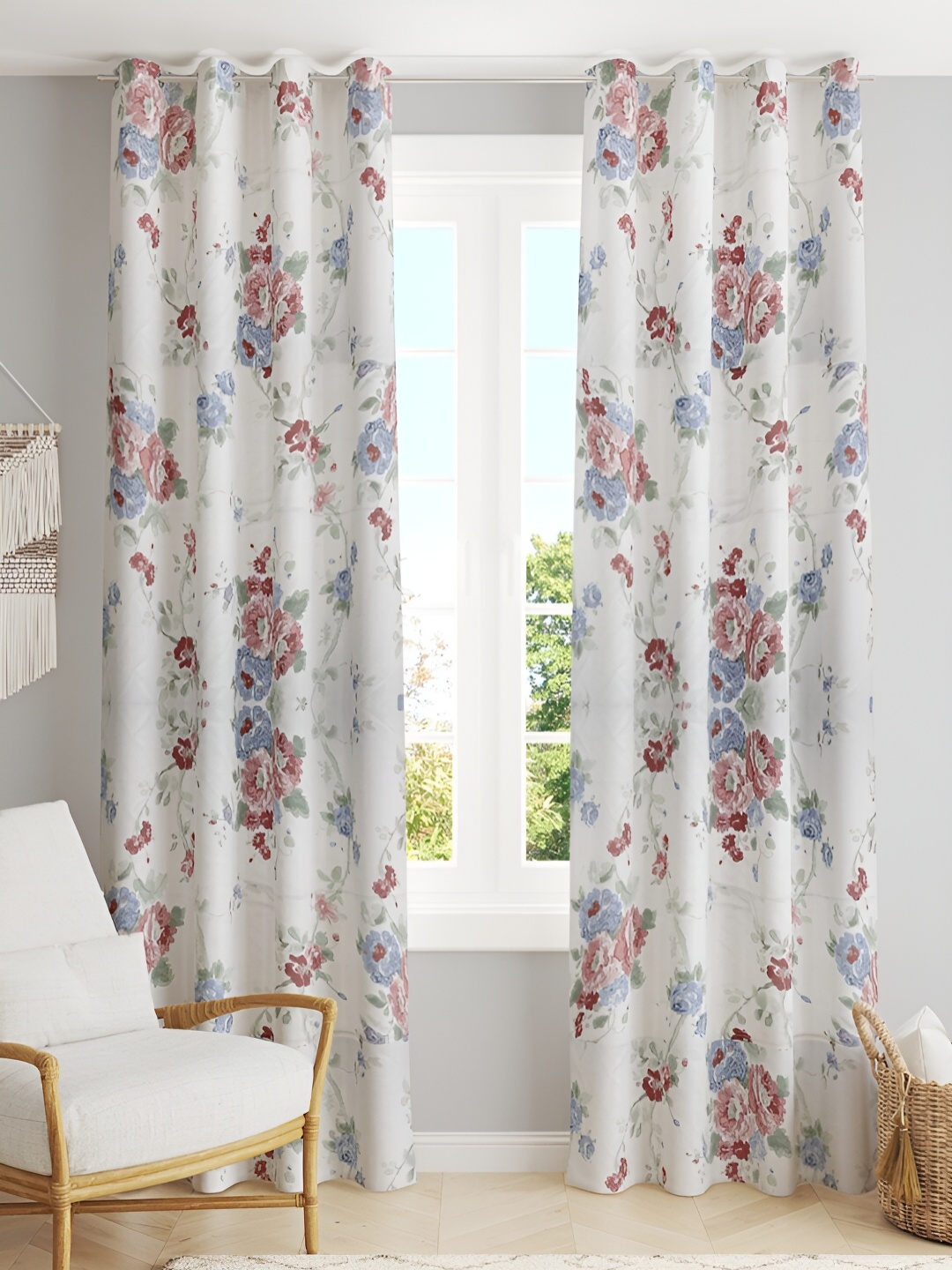 

Tesmare White & Brown Floral Printed Satin Long Door Curtain