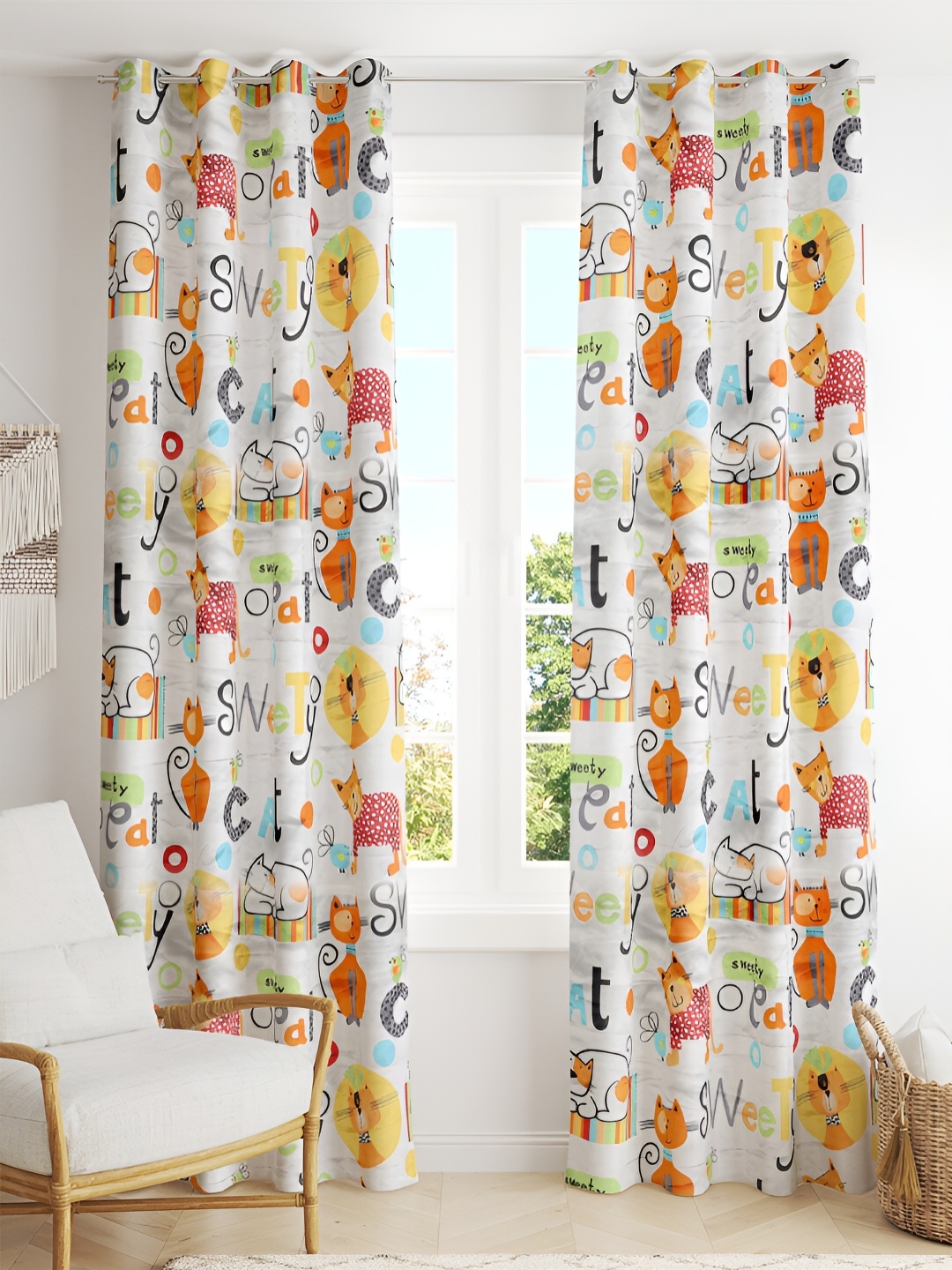 

Tesmare White & Orange Quirky Printed Satin Long Door Curtain