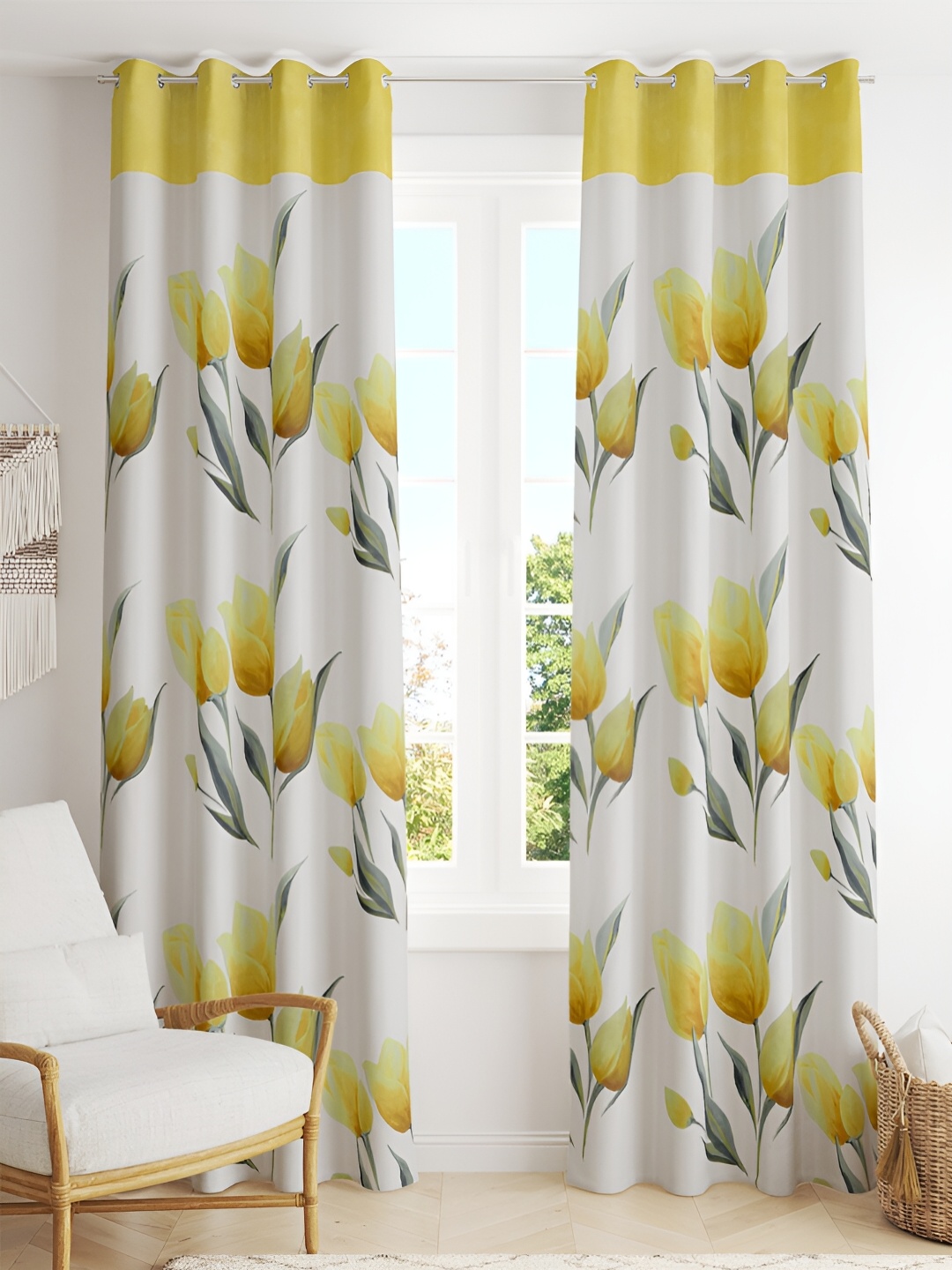 

Tesmare Off White & Yellow Floral Satin Long Door Curtains