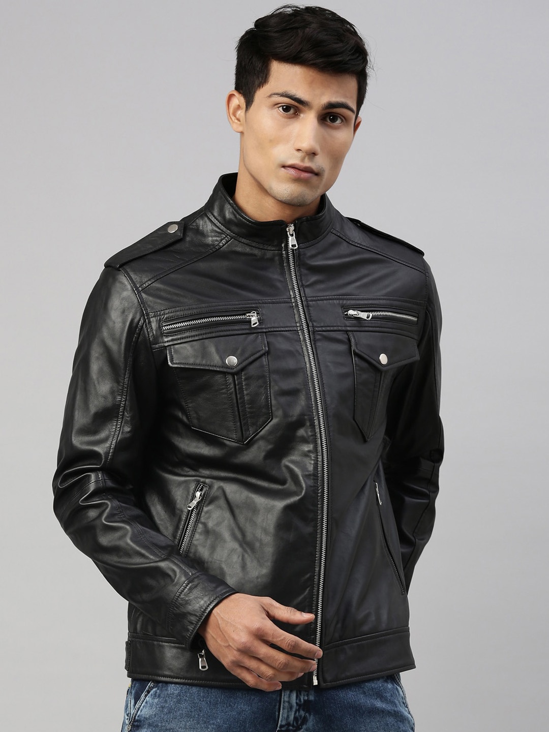 

MONOCHROME Zip & Shoulder Tabs Detail Insulator Leather Jacket, Black