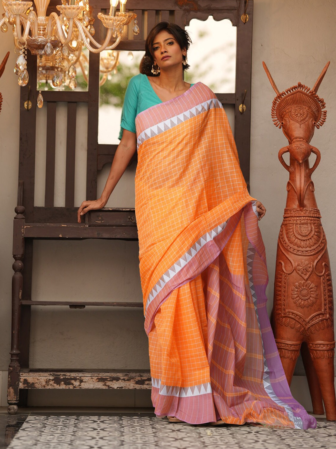 

Unnati Silks Checked Pure Cotton Handloom Mangalagiri Saree, Orange