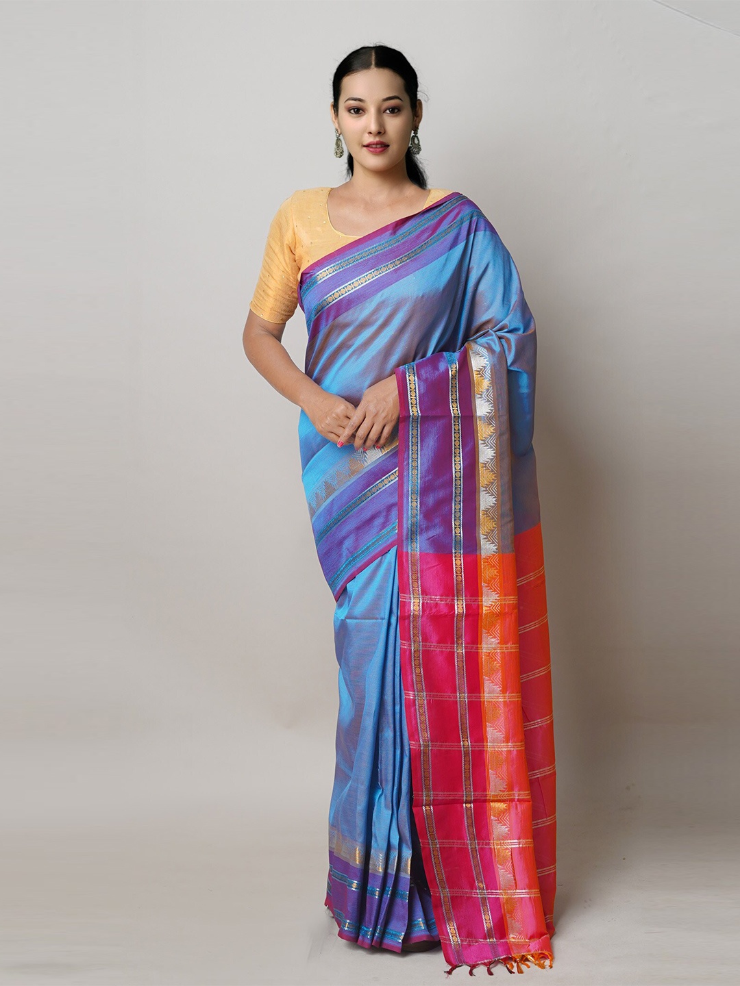 

Unnati Silks Pure Silk Handloom Zari Chettinad Saree, Blue