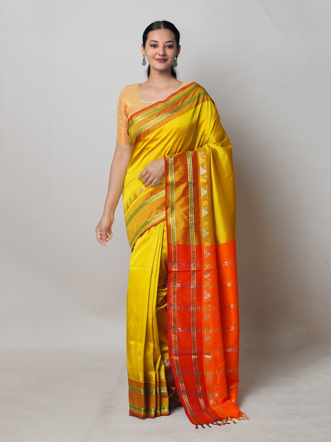 

Unnati Silks Woven Design Zari Pure Silk Handloom Chettinad Saree, Yellow