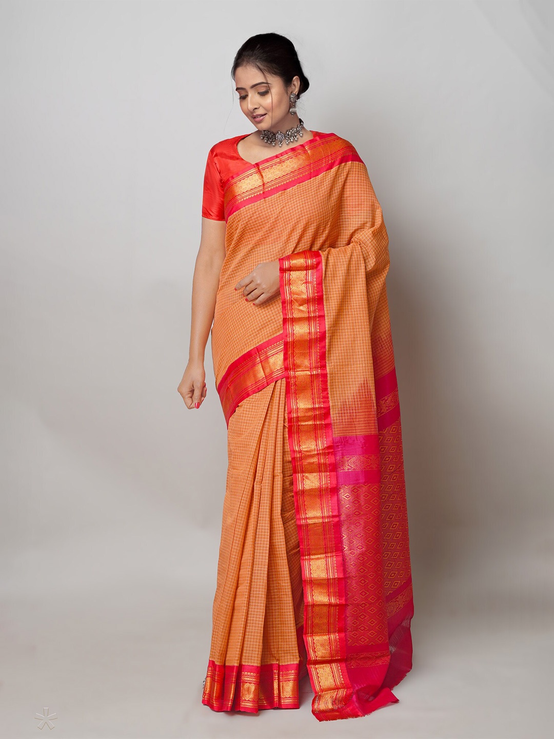 

Unnati Silks Checked Woven Design Zari Pure Cotton Handloom Gadwal Saree, Brown