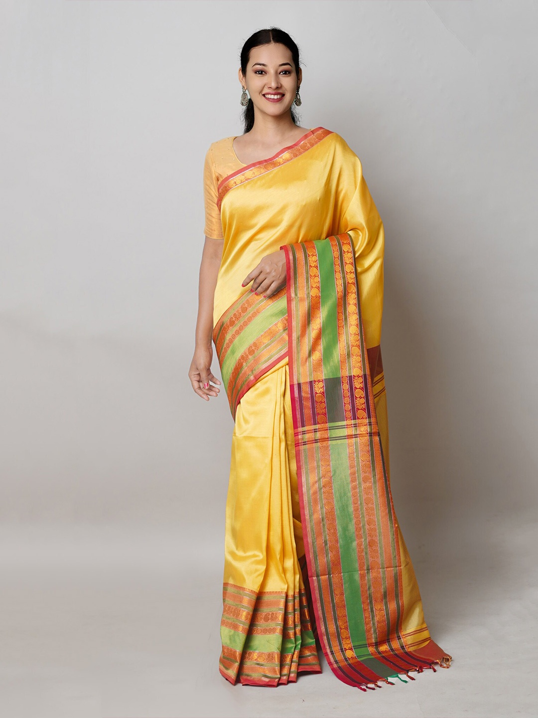 

Unnati Silks Pure Silk Handloom Zari Narayan Peth Saree, Yellow