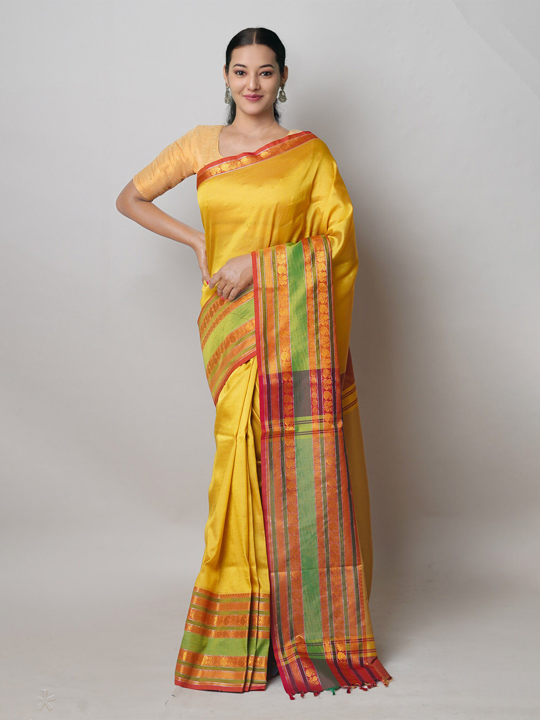 

Unnati Silks Paisley Woven Design Zari Pure Silk Handloom Narayan Peth Saree, Yellow