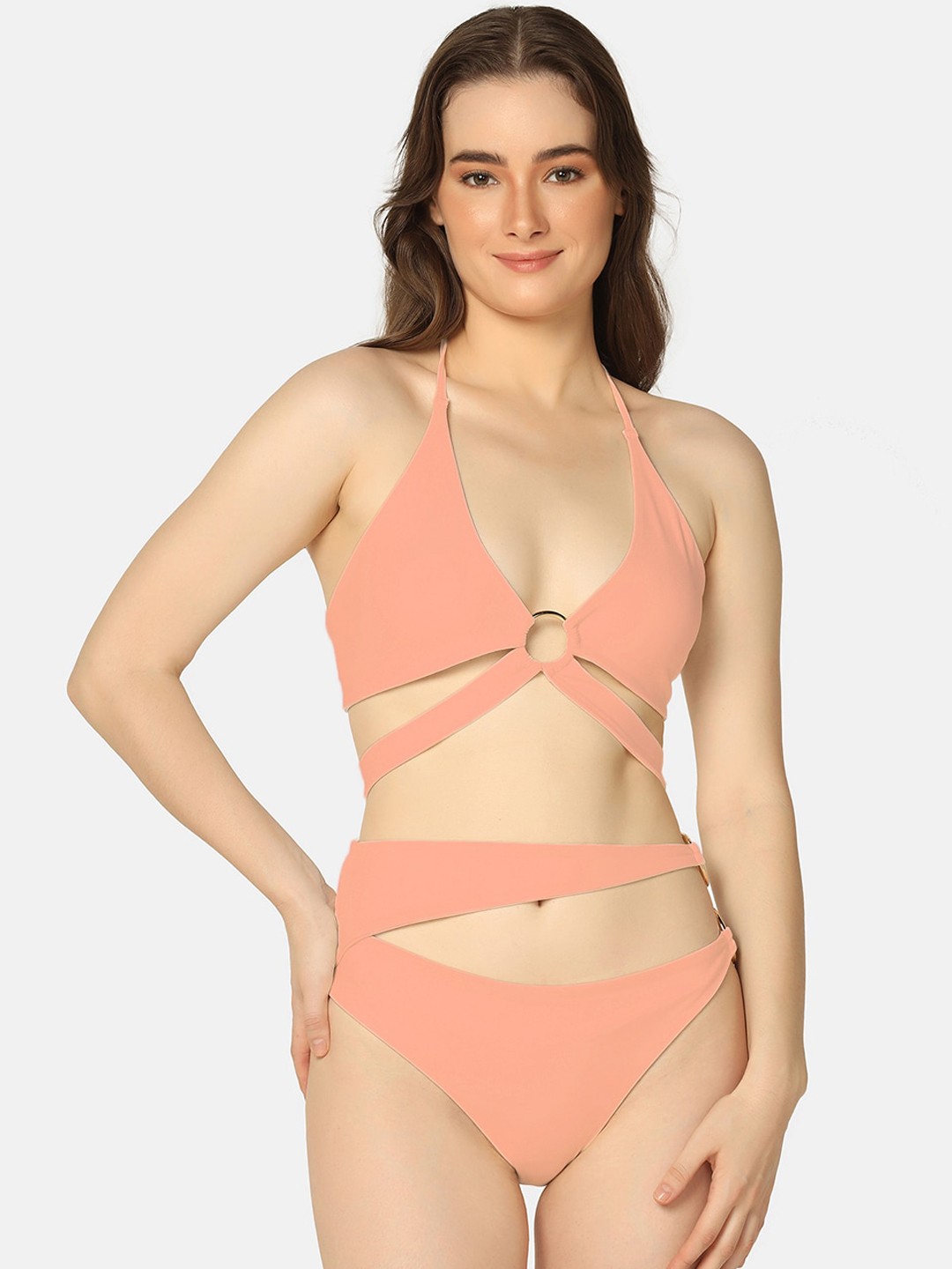 

PRETTYBOLD Halter Neck Cut Out Swim Bikini Set, Peach