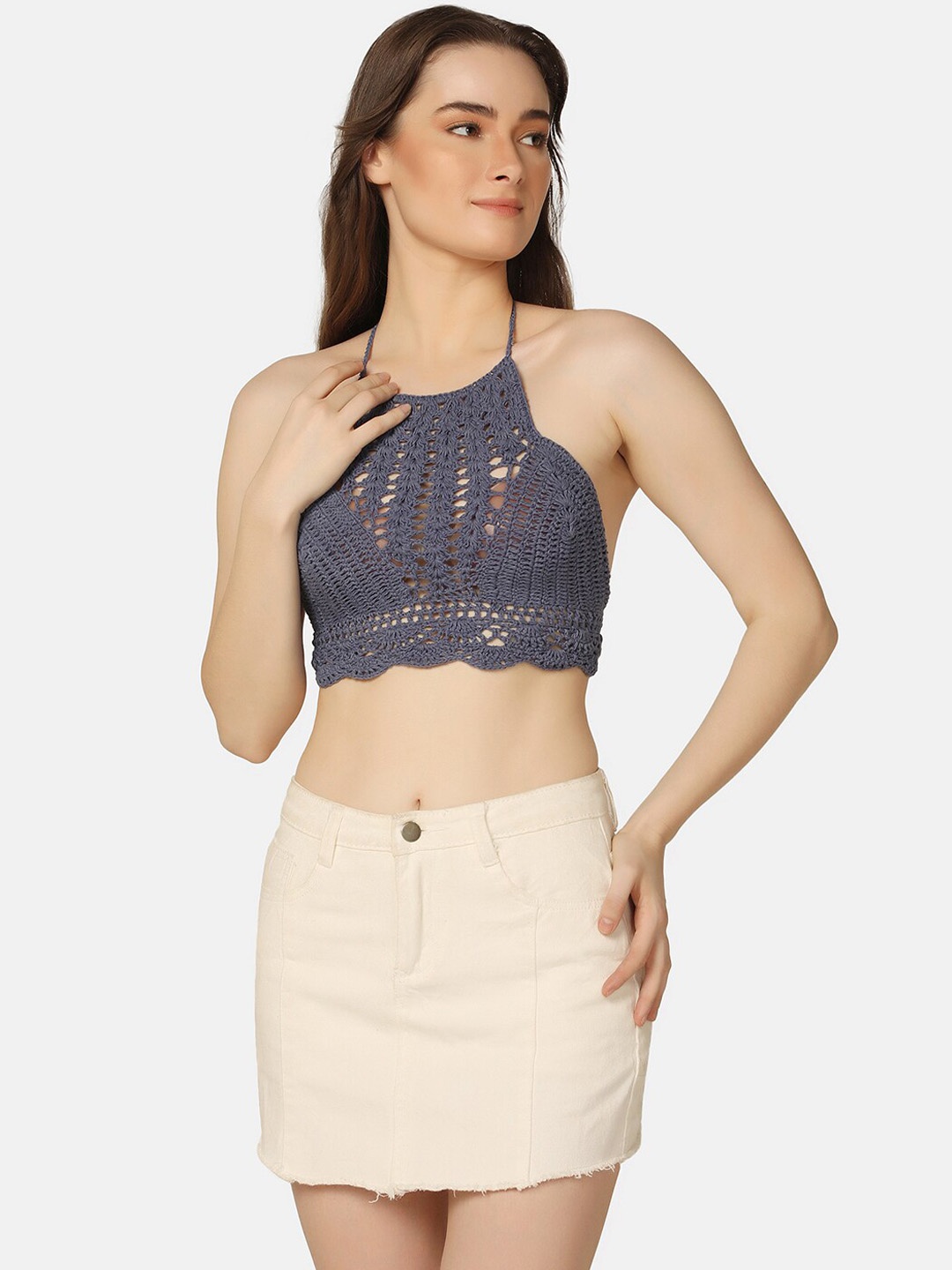 

PRETTYBOLD Self Design Halter Neck Swim Top, Grey