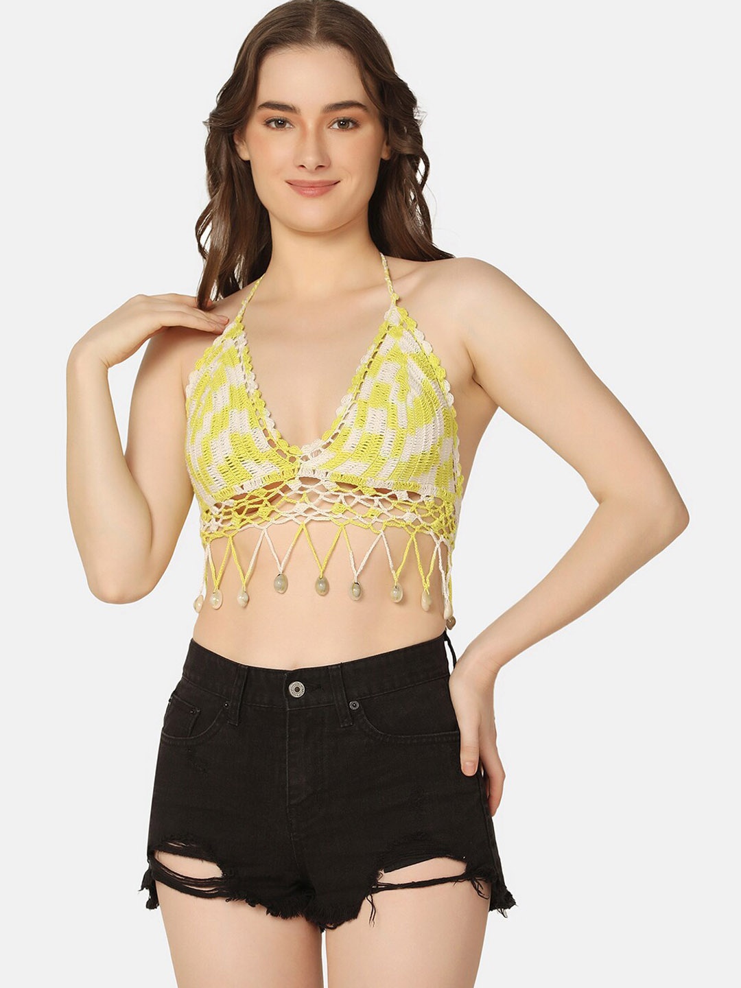 

PRETTYBOLD Self Design Halter Neck Swim Top, Lime green