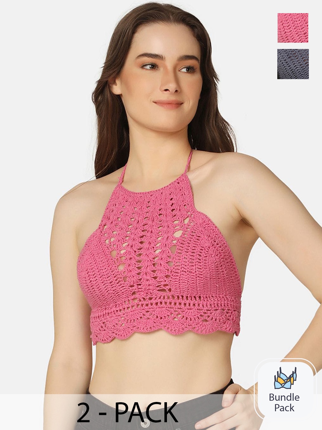 

PRETTYBOLD Pack Of 2 Self Design Halter Neck Tops, Pink