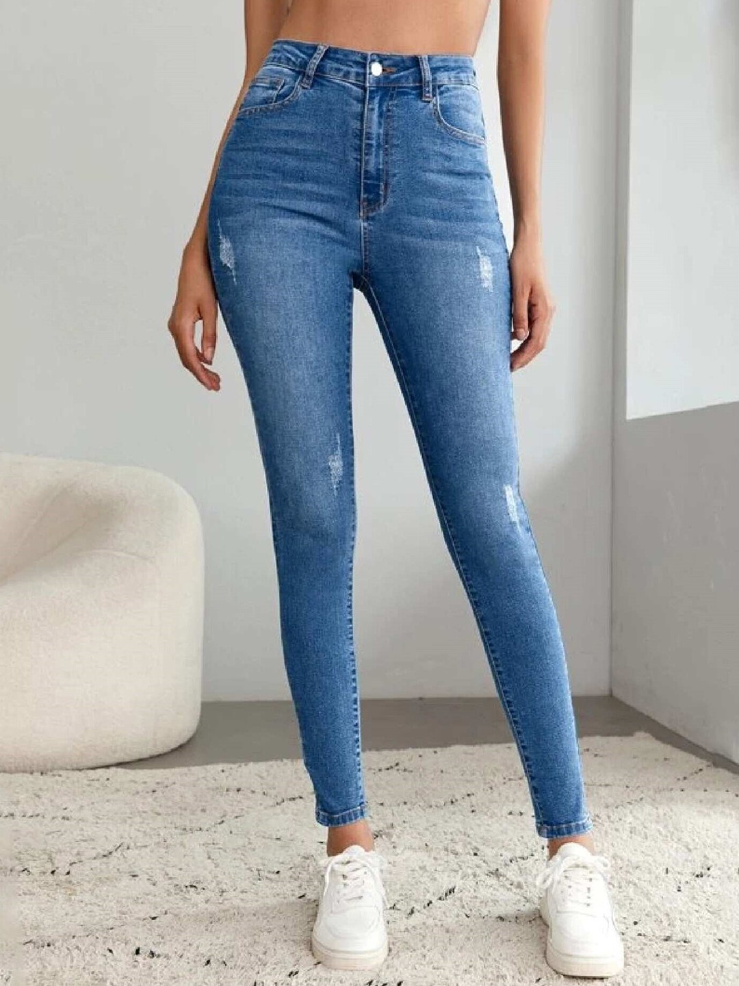 

Off Duty India Women Comfort Skinny Fit High-Rise Low Distress Heavy Fade Cotton Jeans, Blue