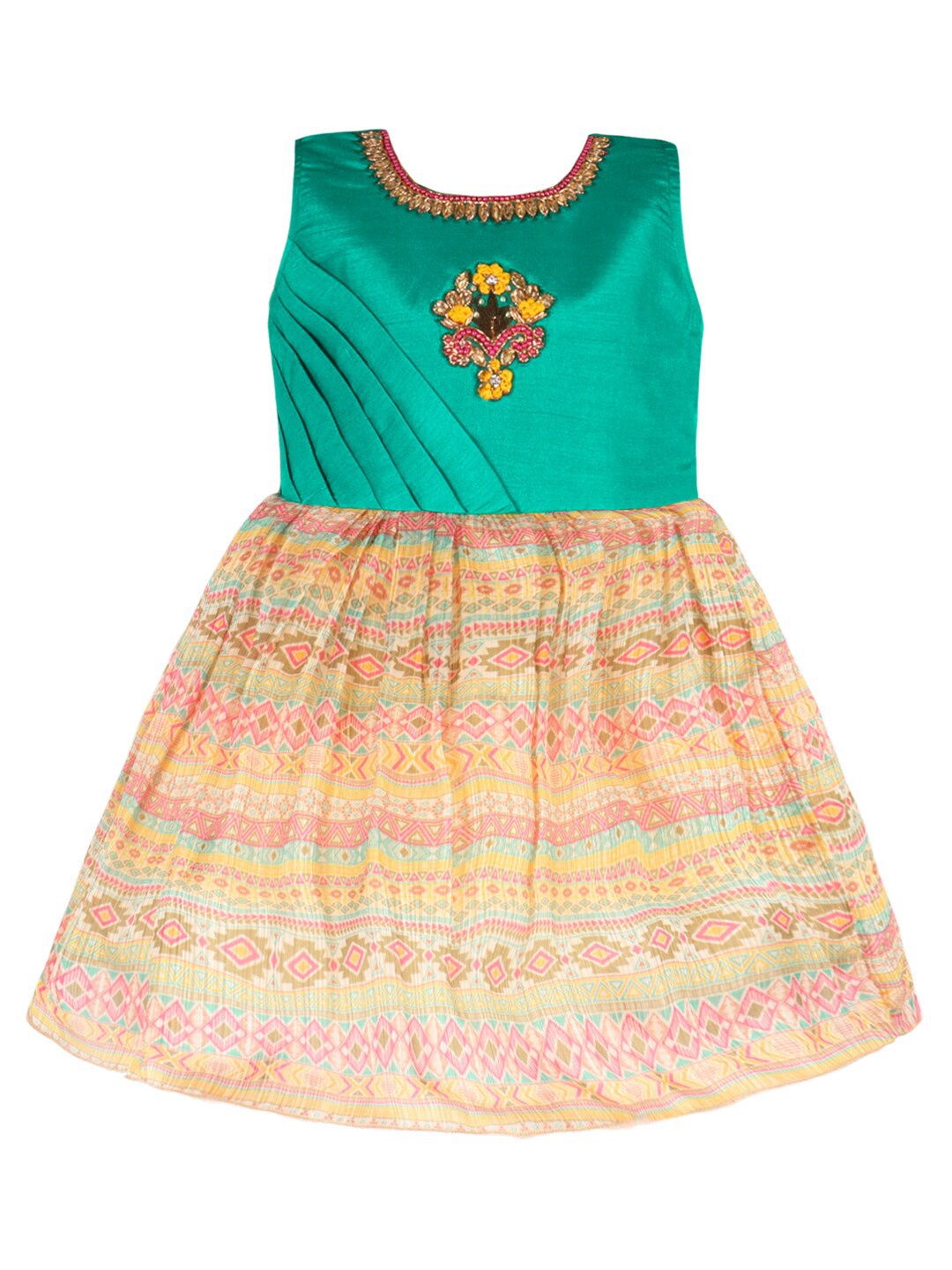 

Wish Karo Girls Ethnic Motifs Printed Embellished Satin Fit & Flare Ethnic Dress, Green