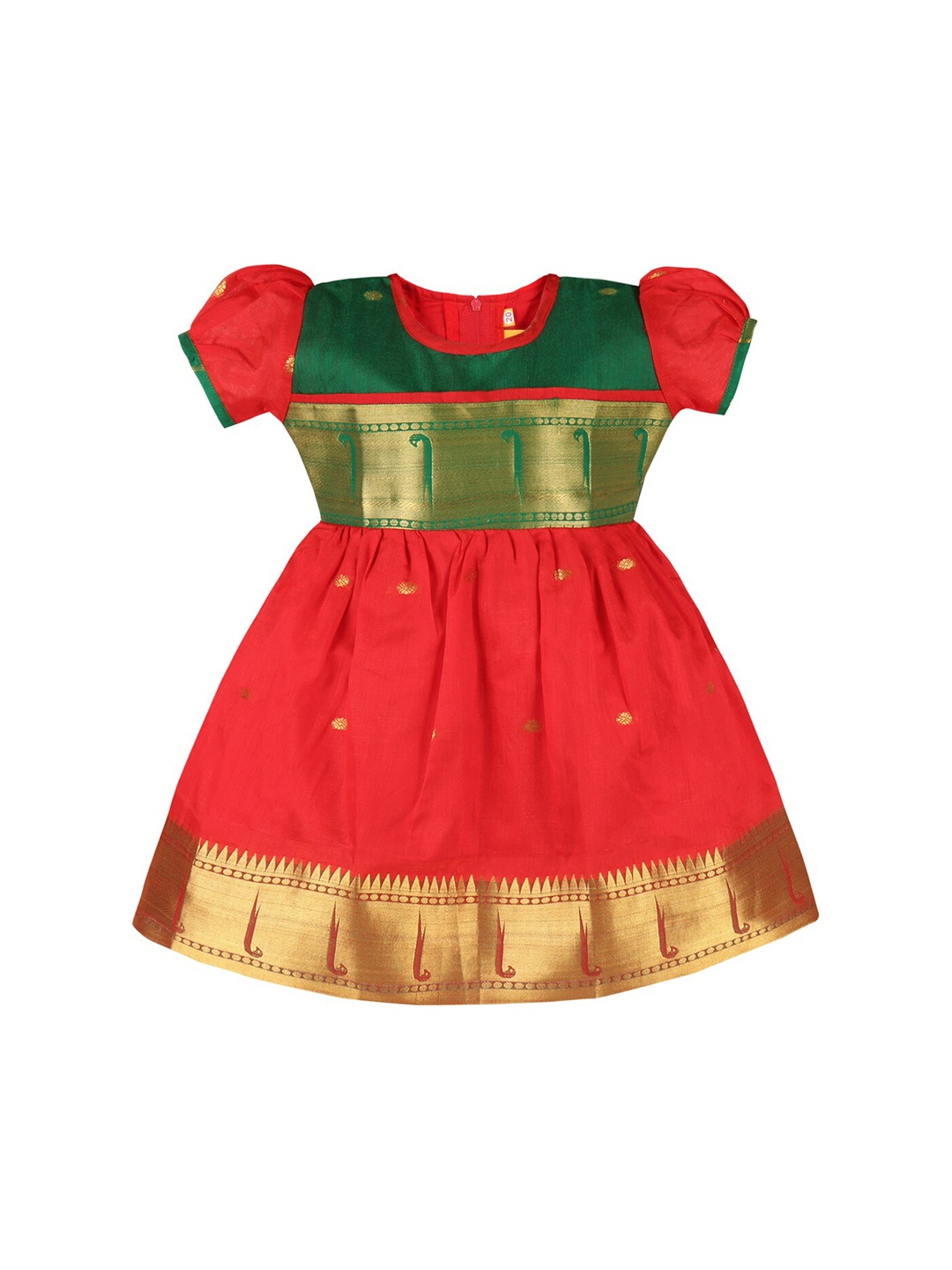 

Wish Karo Girls Ethnic Motifs Woven Design Chanderi Silk Fit & Flare Dress, Red