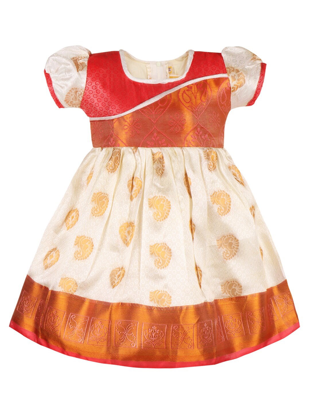 

Wish Karo Girls Ethnic Motifs Woven Design Silk Fit & Flare Ethnic Dress, White