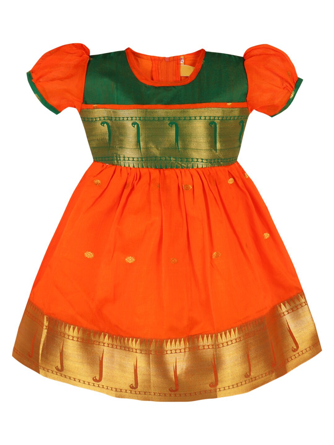 

Wish Karo Girls Ethnic Printed Puffed Sleeves Chanderi Silk Fit & Flare Ethnic Dress, Orange